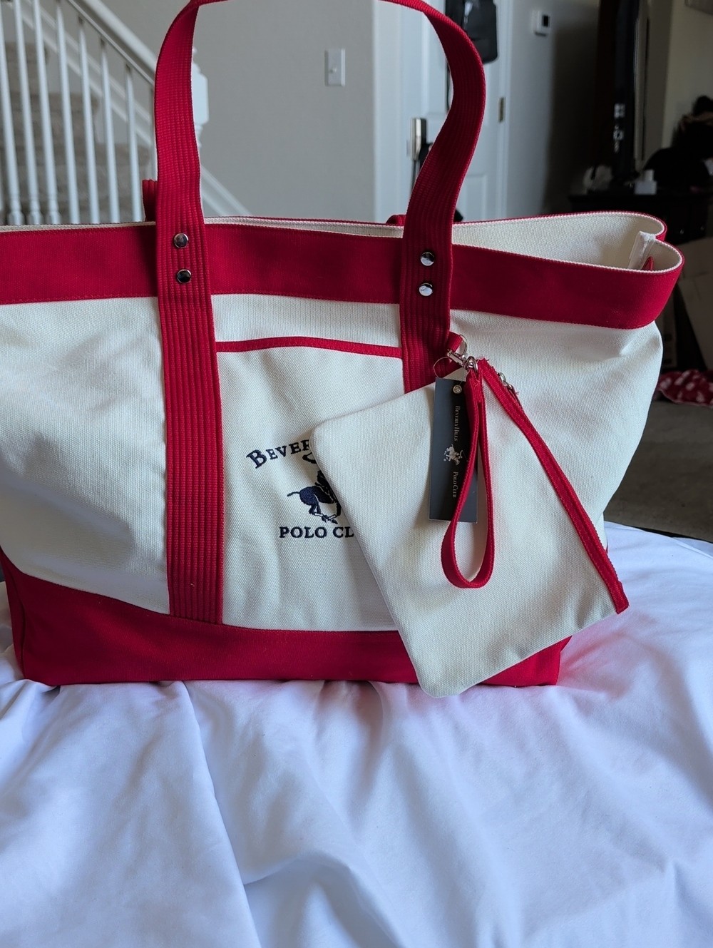 Beverly Hills Polo Club Red and Cream Canvas Tote with Wristlet